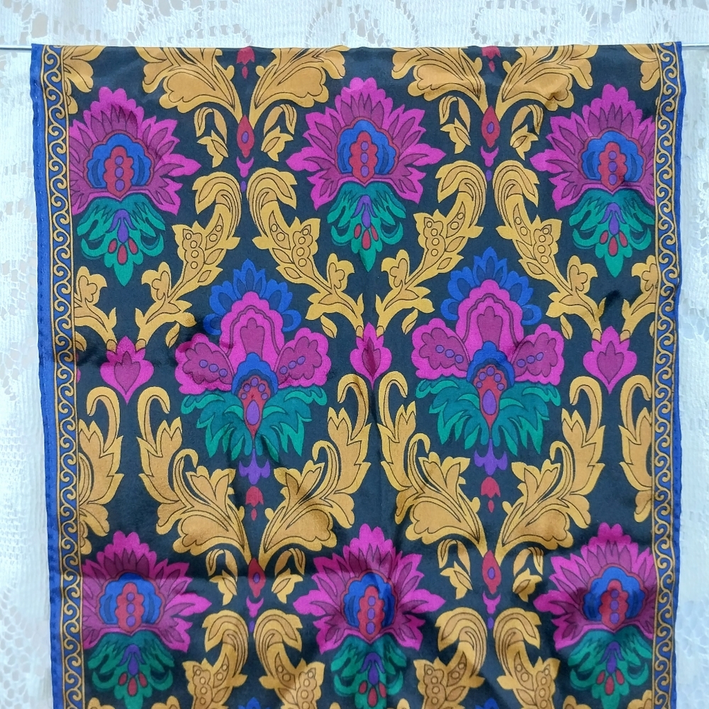 Vintage 1990 Pure 100% Silk Scarf Floral Bright Colorful Oblong Liz Claiborne